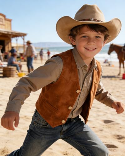 Image of Retro Boys Western Cowboy Vest for Kids Leather Suede Waistcoat | vintage dress vests, welt pockets, v-neck, adjustable waist, formal slim fit, wedding outfit, farm christmas birthday prom