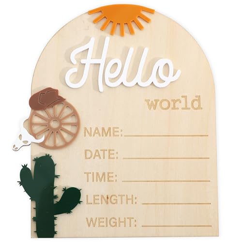 Image of Wooden "Hello World" Baby Announcement Board - Newborn Birth Sign, Baby Shower Decor, Hospital Nursery Information Board, Baby Milestone Photo Prop, Gender Neutral Keepsake (Cowboy Hat Sun Cactus)