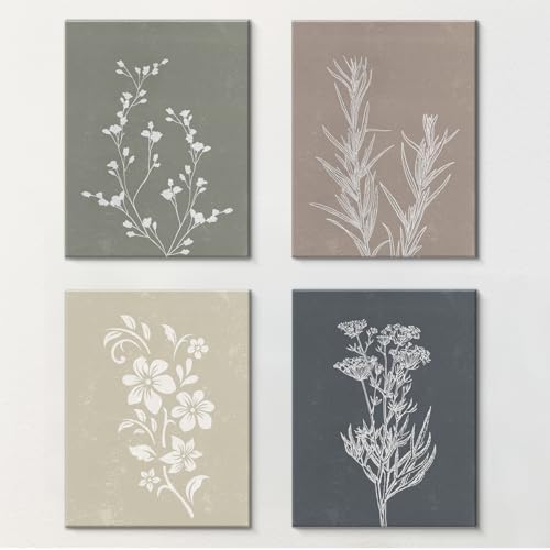 Set of 4 Vintage Boho Botanical Wall Art Print Minimalist Canvas Painting Artwork Aesthetic Wall Decor for Home Farmhouse Living Room Bedroom 8x10 Framed