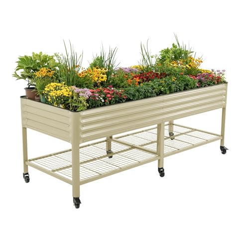 Rolling Elevated Raised Garden Bed - Jumbo Series, 3' x 8' Outdoor Planters Boxes with Legs & Storage Rack for Patio, 2000+ Lbs Weight Capacity, Raised Beds for Gardening Herbs Flowers, Pearl White