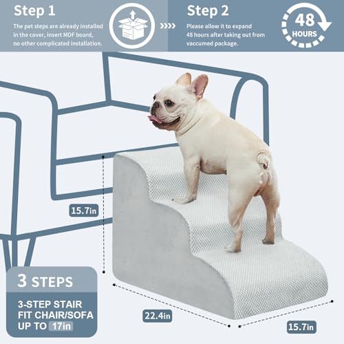 BOMOVA Dog Stairs for Small Dogs, 3-Step Dog Steps for Bed and Couch, High Density Foam Pet Stairs for Small Dogs and Cats, Non-Slip Bottom Dog Ramp, Light Grey, 2/3/4/5 Steps
