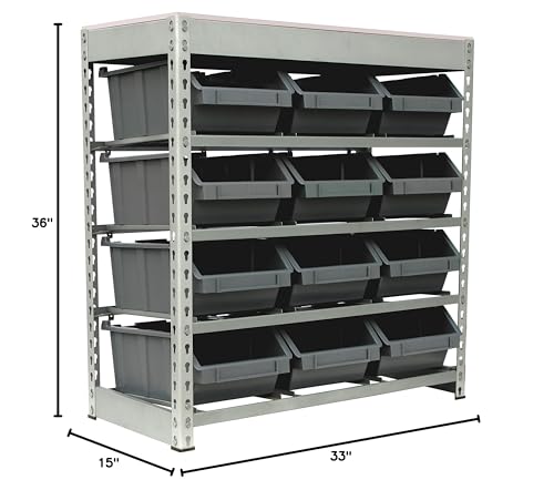 King's Rack Bin Rack Boltless Steel Storage System Organizer w/ 12 Plastic Bins in 4 tiers