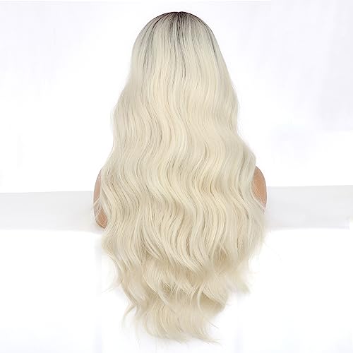 PORSMEER Long Blonde Wigs for Women Ladies with Dark Brown Roots Middle Part Natural Looking Pastel Loose Wave Curly Synthetic Hair Wig for Everyday or Halloween Party,26inch - Image 3