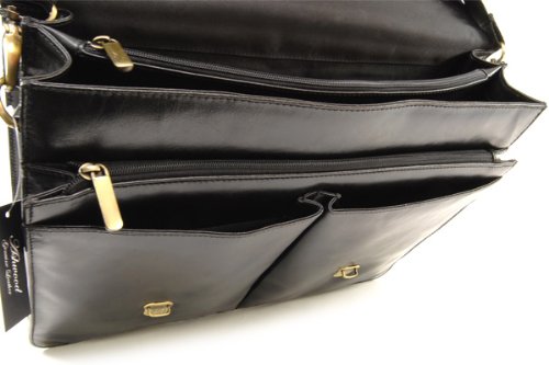 ASHWOOD - Heavy Duty Briefcase Cross Body Bag - Laptop Bag with Padded Compartment - Business Office Work Bag - Genuine Leather - Gareth - Black