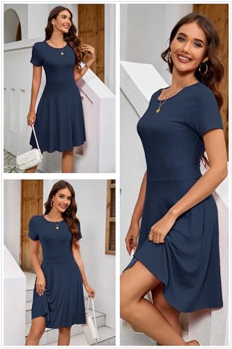 Image of Newshows Womens 2025 Summer Dresses Short Sleeve Ribbed Knit A-Line Swing Beach Vacation Outfits Casual Sundress with Pockets