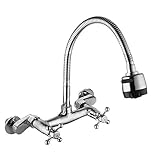 Wall Mount Faucet Kitchen 6 Inch Center 3-9 Incn with Sprayer Polished Chrome Commercial Double Cross Knobs 2 Handle Mixer Pull Out Hot and Cold Water Tap 360 Degree Swivel Spray