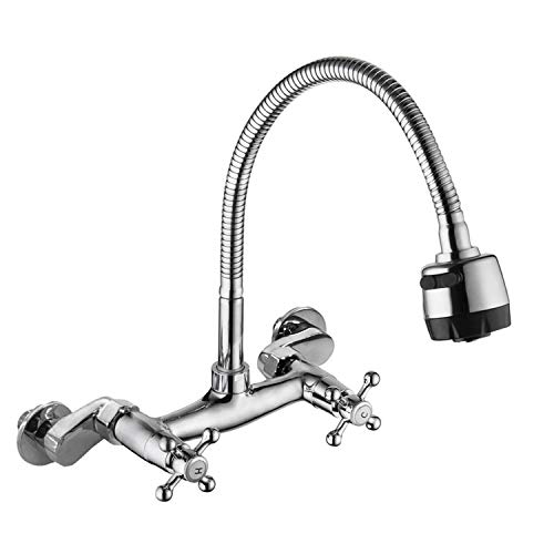 Wall Mount Faucet Kitchen 6 Inch Center with Sprayer Polished Chrome Commercial Double Cross Knobs 2 Handle Mixer Hot and Cold Water Tap 360 Degree Swivel Spray