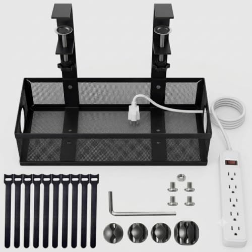 Image of Under Desk Cable Management Tray | No Drill Clamp-On Metal Mesh Wire Organizer for Office, Home, Gaming, Study Table | Power Strip Holder with Cable Ties & Clips | Black