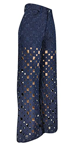 CHARTOU Women Chic High Waisted Hollow Out Denim Pants Cutout Ripped Jeans Wide Leg Party Night Out Punk4