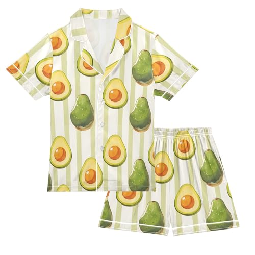 ALAZA Cartoon Avocado Striped Green Satin Pajamas Set Short Sleeve Button Down Sleepwear Summer Pjs 2 Piece
