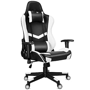 Gamestoel race gamingstoel ergonomische bureaustoel met verstelbare armleuningen nekkussen Instelbare zithoogte,stalen frame, 160° hellingshoek instelbaar belasting 200 kg, zwart en wit