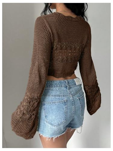 Image of OYOANGLE Women's Crochet Tie Front Sweater Cardigans Bell Sleeve Knitted Cropped Bolero Shrug Cardigan