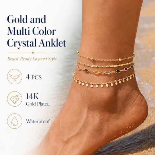 Image of iF YOU Gold Ankle Bracelets for Women, 14k Gold Plated Waterproof Cuban Link Chain Anklets Set, Layered Anklet Bracelets for Women Beach Gift Adjustable Size 5pcs