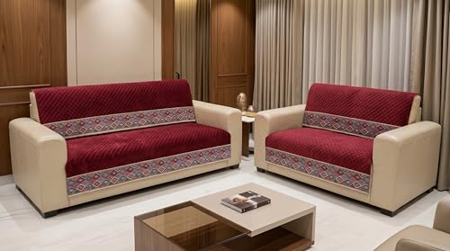 Image of Maroon Velvet Sofa Mat, 3+2 Set | Full Cover for Seat & Back, Anti-Skid, Machine Washable