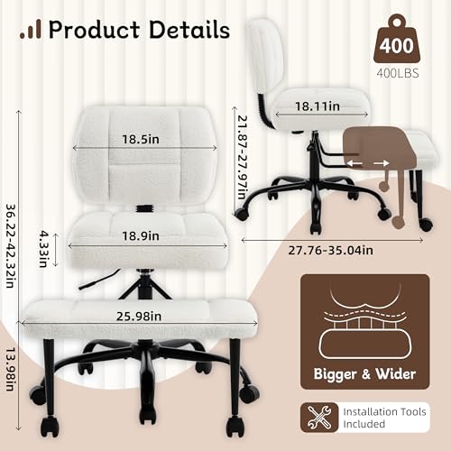 Image of Ergonomic Criss Cross Legged Office Chair, ADHD Chair, 360 Swivel Meditation Kneeling Chair with Wheels, Adjustable Footrest, Wider Height Adjustable Seat, Lumbar Support, Teddy Fabric, OffWhite