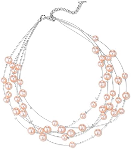Layered Pearl Necklace Multi-strand Pearl Choker Necklaces for Women Beaded jewelry for Wedding Parties(Pink)