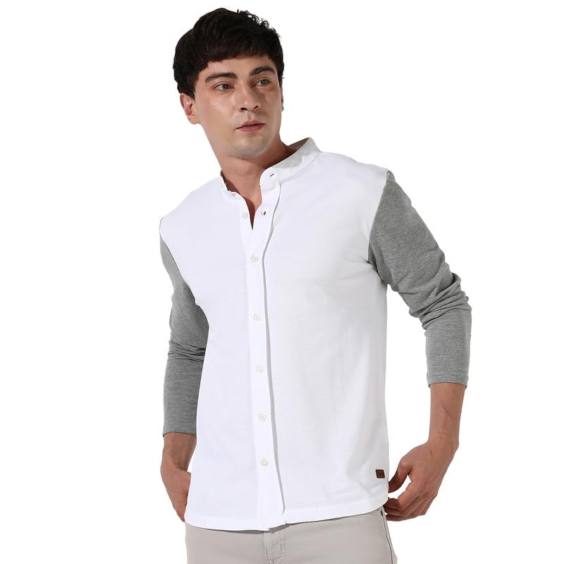 Image of Campus Sutra Men's White & Grey Colourblocked Button Up Regular Fit Regular Fit Shirt for Casual Wear | Cotton Shirt Crafted with Regular Sleeve, Comfort Fit & High-Performance for Everyday Wear