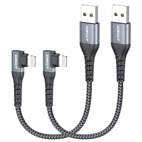 SUNGUY USB-A to Lightning Cable Right Angle 0.5FT 2-Pack,[MFi Certified] USB to Lightning Short iPhone Charger Cord 90 Degree Nylon Braided Compatible with iPhone 14/13/12/11 Series X SE iPad9/mini