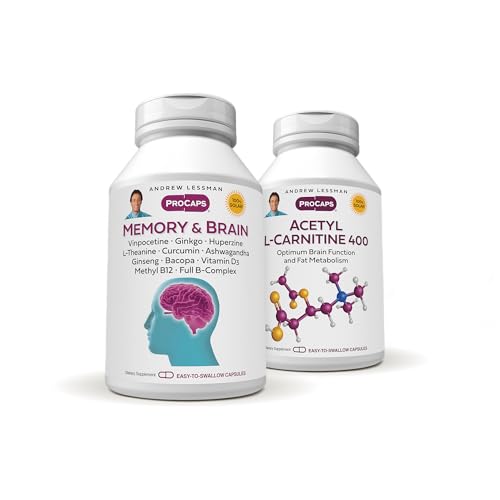ANDREW LESSMAN Memory & Brain + Acetyl L-Carnitine Kit: 60 + 60 Capsules – Naturally Supports Brain, Memory and Mental Acuity. with Ginkgo Biloba, Bacopa, Curcumin, Ginseng, B-Complex, Vitamin D3