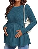 Ekouaer Womens Maternity Tops Long Sleeve Pregnancy Tunic Blouses Crew Neck Ribbed Shirts Pregnant Clothes Blue