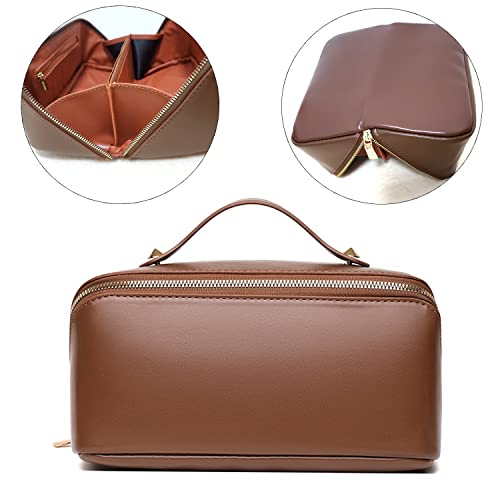Katadem Travel Makeup Bag,Large Opening Makeup Bag,Portable Makeup Bag Opens Flat For Easy Access, Toiletry Bag,Pu Leather Makeup Bag,Large Cosmetic Organizer For Women Girls(Brown) #TOP4