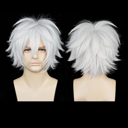 LABEAUTÉ Short Silver Anime Cosplay Wig Male Men Anime Layered Unisex Heat Resistant Hair Wig with Bangs for Party and Halloween for Gift + Free Cap