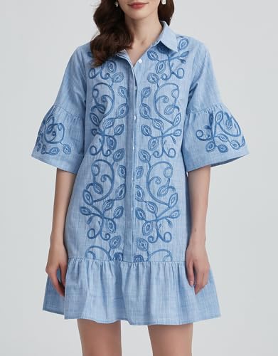 Kedera Women's Summer Button Down Shirt Embroidered Dress Ruffle Sleeve Shift Mini Dresses with Pockets4