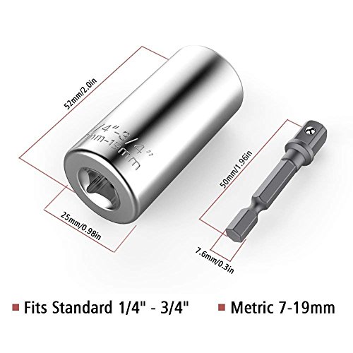 Fruholt Multi-Function 7Mm-19Mm Ratchet Universal Sockets Metric Wrench Power Drill Adapter Set And 105 Degree Right Angle Extension Power Screwdriver Drill Attachment 1/4" Drive 6Mm Hex Magnetic Bit #TOP6