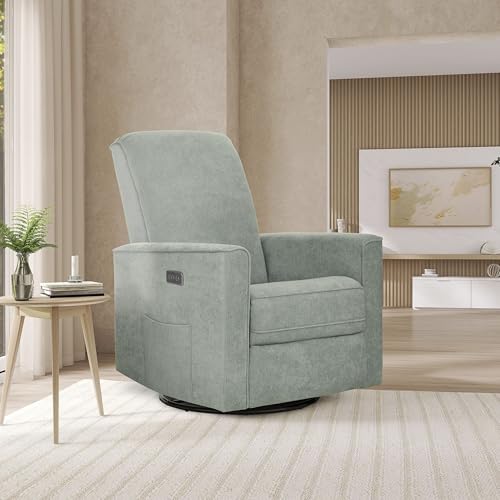 Image of Evolur Harlow Upholstered Power Glider Recliner with USB Charging - Rocking & 275 Swivel with Smooth Glide - Greenguard Gold & FSC Certified - Modern Nursery and Living Room Chair in Sage