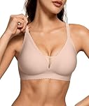 OEAK Comfort Bras for Women Wireless Non Wired Push Up Bralettes Soft V Neck lace Bra Scalloped Full Coverage Seamless Bra,Beige,L