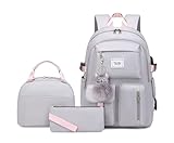 Teecho Waterproof School Backpack Set for Girl Fashion Women Backpack Purse College Bookbag Grey