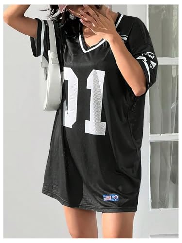 Verdusa Women's Jersey Shirts Dress Graphic Short Sleeve V Neck Loose Casual Short Dresses4