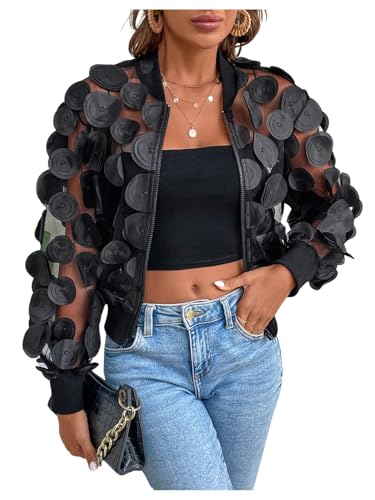 Milumia Women's Appliques Sheer Mesh Bomber Jackets Y2k Zip Up Jacket Outerwear