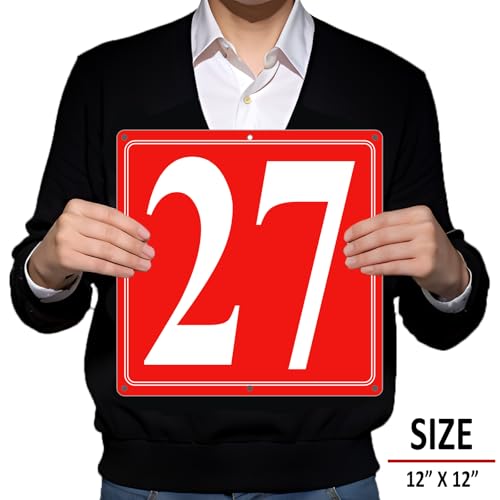 Image of Premium Aluminum Number Signs 27, Metal 12 inch X 12 inch Red Numbered Signs Outdoor for Parking Lots, Floor, Dock, Court, Aisle, Field, High Visibility, No Fade, Weather-resistant