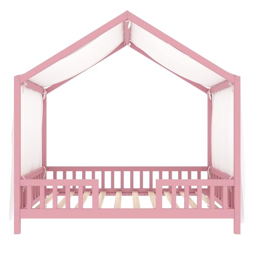 Image of Bellemave Twin House BedFrame with Canopy, Montessori Floor Bed, House Bed with Rails for Kids, Pink