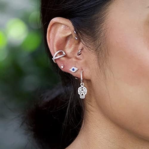 Blue Evil Eye Half Hoop Earrings S925 Sterling Silver for Women Girls Dainty CZ Crystal Rhinestone Small Huggie Hoops Earring Delicate Handmade Hypoallergenic Jewelry Gift Xmas Birthday