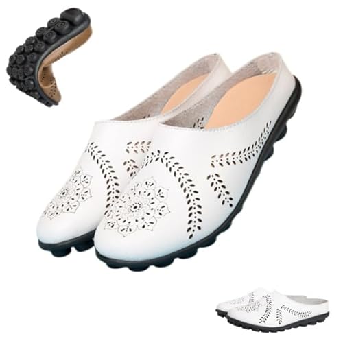 Womens Hollow Out Breathable Mule Sandals Closed Toe Sandals Flats Softsole Lightweight Leather Loafer Slippers (White,25.0 cm) 