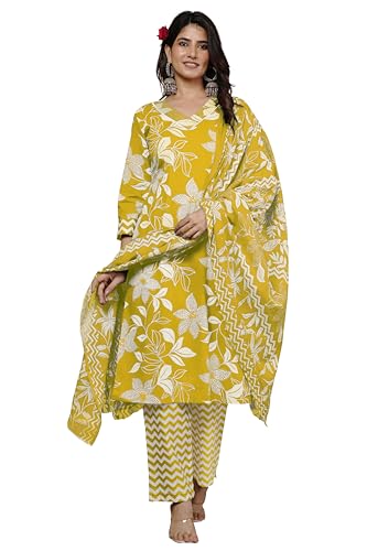 Image of MIRCHI FASHION Women's Straight Fit Pure Cotton Jaipuri Floral Printed Sequins Thread Work Kurta Set with Dupatta and Trouser