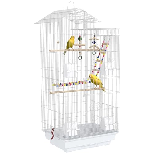 PawHut Jaula para Pájaros Pajarera con Múltiples Puertas 4 Comederos 3 Perchas Columpio Escaleras y Bandeja Extraíble para Loros Canarios Periquitos 46x36x100 cm Blanco