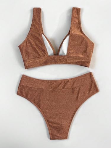 SweatyRocks Women's Solid V Neck High Waist Bikini Set Summer Sparkly Two Piece Bathing Suit2