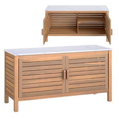 KOMFOTTEU Baúl de Jardín de Madera de Acacia, Caja de Almacenamiento con Doble Puerta y Tapa de Mármol Artificial, Arcón Exterior con Patas Ajustables, Contenedor Organizador para Patio