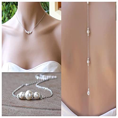 Boho Pearl Back Chain Necklace Silver Pearl Crystal Backdrop Necklace Body Chain Long Bridal Back Drop Chain Summer Beach Body Jewelry for Women2