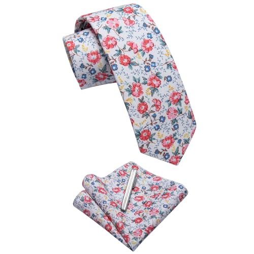 Image of YourTies Cotton Floral Tie for Men 2.5 inch Printed Skinny Necktie Pocket Square Tie Clip Set Flower Wedding Party Groom