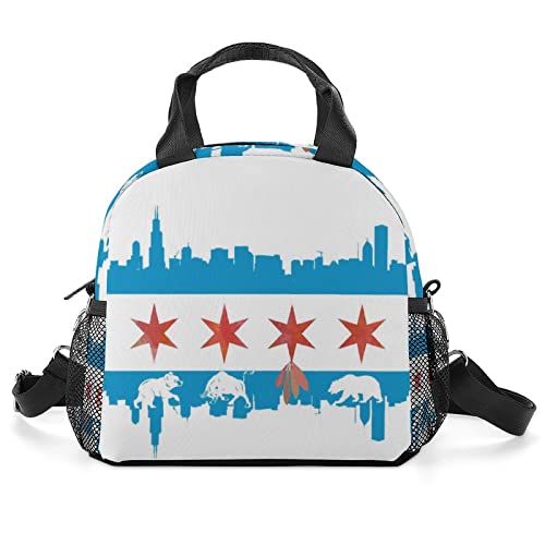 Chicago Flag Skyline Bear Bull Lunch Box Large Capacity Lunch Bag Leakproof Reusable Tote Bag with Double Zipper Strap Adjustable Durable Lunch Bags for Adults Outdoors