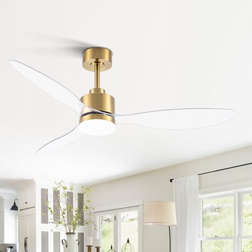 52 Inch Ceiling Fans with LED Light Remote Control, Modern Ceiling Fan with Reversible DC Motor, 3 Blades and 3 Color Temperature, LED Light Chandelier for Bedroom (Gold & 3 Transparent Blades)