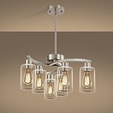 Sigaitwei 6 Light Farmhouse Brushed Nickel Chandelier,21.7' Modern Chandeliers for Dining Room Light Fixtures Over Table,Pendant Lights Kitchen Island,Metal Bracket with Downward Clear Glass Shade