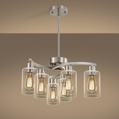 Sigaitwei 6 Light Farmhouse Brushed Nickel Chandelier,21.7' Modern Chandeliers for Dining Room Light...