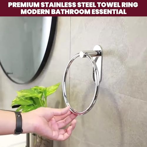 Image of OSLEN Stainless Steel Self Adhesive Round Towel Ring | No Drilling Wall Mounted Bathroom Accessories | Durable Napkin Hand Towel Holder for Kitchen, Wash Basin, Home and Hotels (Chrome Finish)