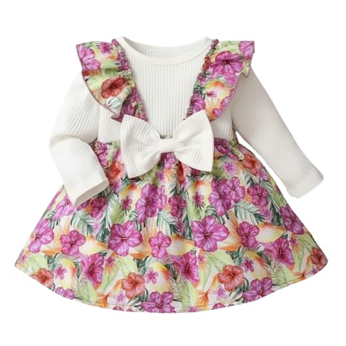 Image of A.T.U.N. (ALL THINGS UBER NICE) Baby Girls Poly Silk Printed Dress with Bow Strap Detailing & Ruffle Sleeve Design | Soft Feel Long Sleeve Party Frock | Elegant Winter Occasion Dress for Kids