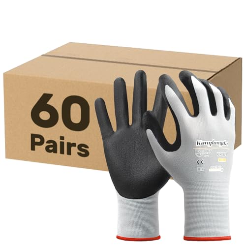 Image of Kebada Work Gloves for Men and Women, Sandy Nitrile Coated, 60 Pairs | Bulk Pack, Touchscreen Safety Work Gloves, Breathable Knit, Secure Grip, Ideal for Gardening, Warehouse and Mechanic Work